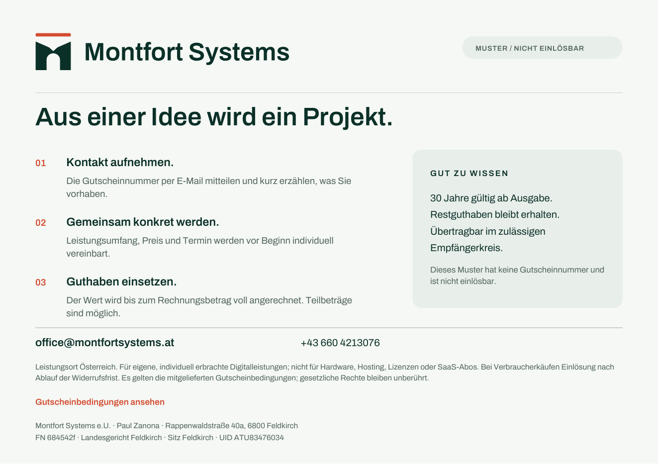 Rückseite des nicht einlösbaren Musters mit Kontakt und Hinweisen zur Einlösung; ohne Gutscheinnummer.