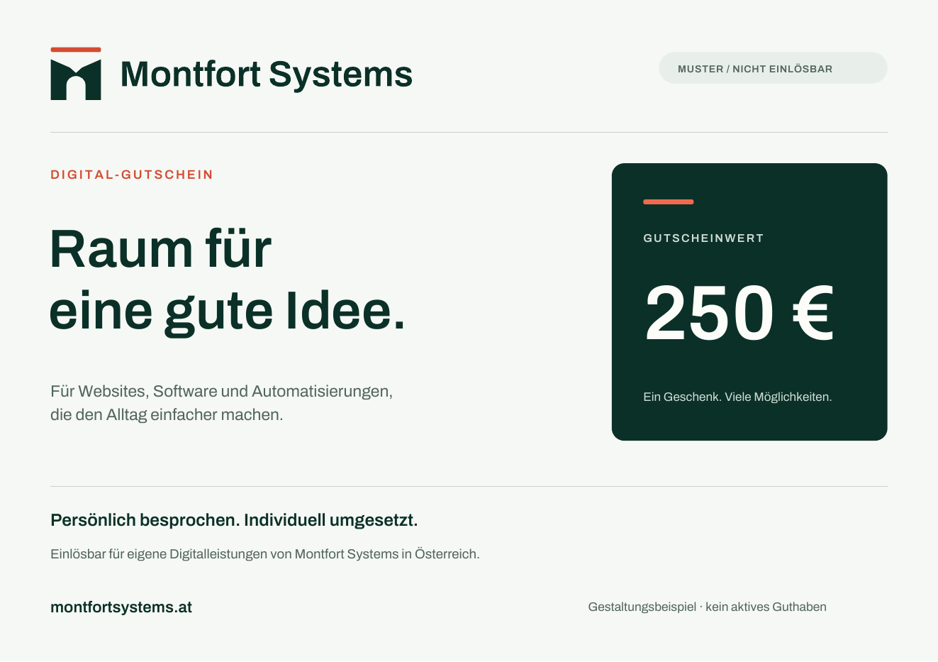 Vorderseite des 250-Euro-Musters mit Montfort-Logo, gekennzeichnet als Muster und nicht einlösbar.
